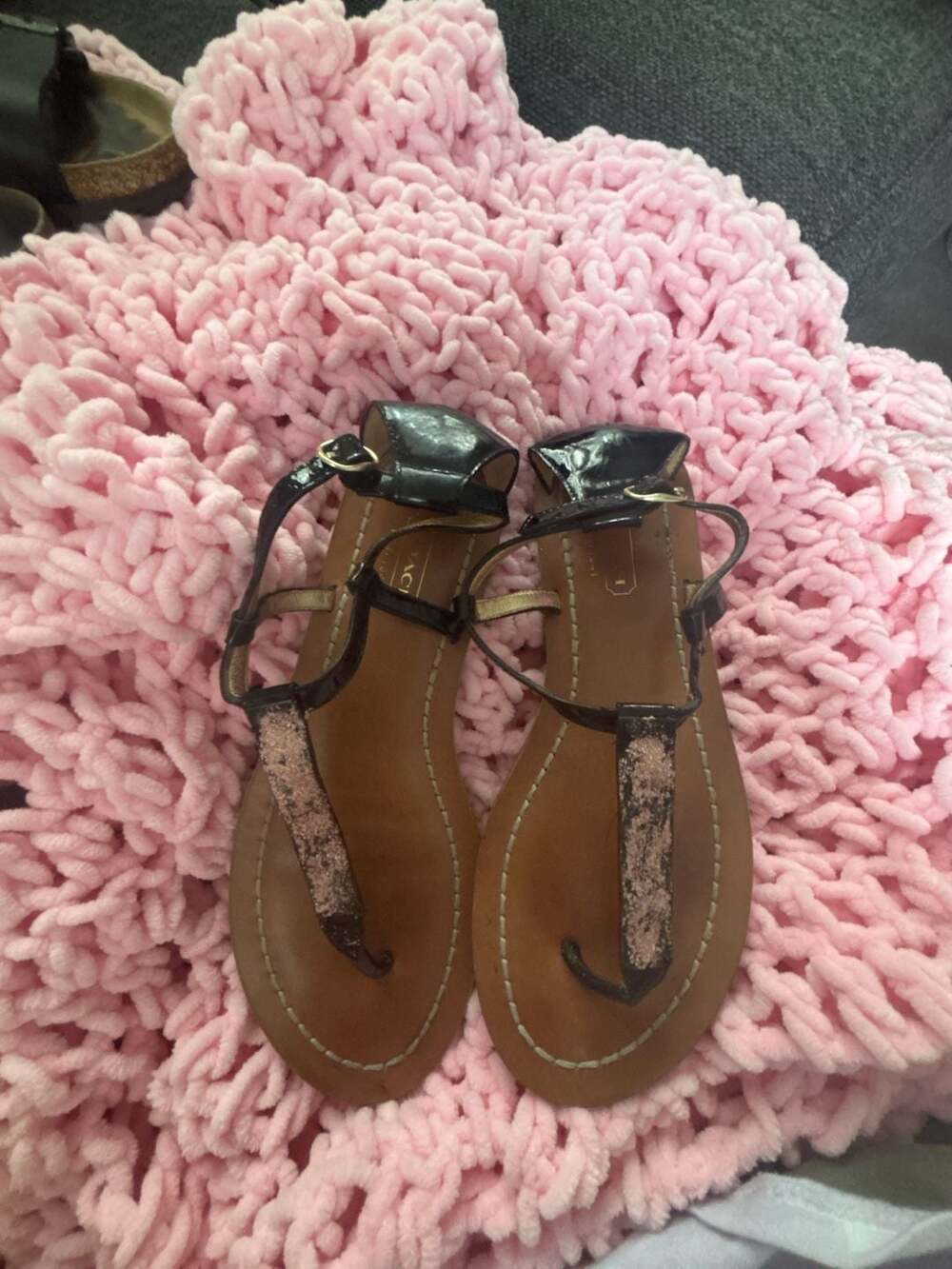 Coach Black Patent and Glitter T-Strap Flat Sandals